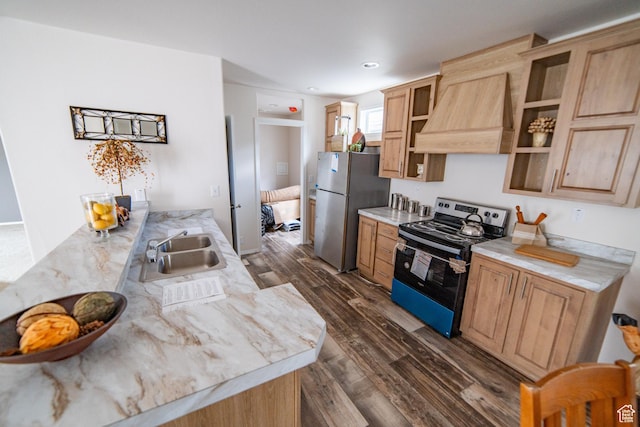 163 Eagle St, Eureka, UT 84628 - kitchen featuring a sink, dark wood-style flooring, custom range hood, light countertops, and appliances with stainless steel finishes