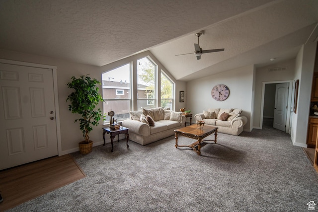 163 Eagle St, Eureka, UT 84628 - carpeted living area with a textured ceiling, ceiling fan, baseboards, lofted ceiling, and visible vents