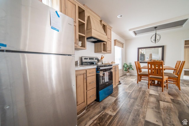 163 Eagle St, Eureka, UT 84628 - kitchen featuring stainless steel appliances, light brown cabinetry, custom exhaust hood, light countertops, and dark wood-type flooring