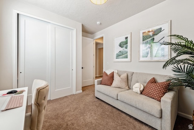 living room featuring a textured ceiling, carpet flooring, and baseboards