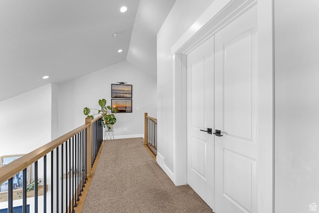 86 Elk Ridge Dr W, Elk Ridge, UT 84651 - hall featuring vaulted ceiling, light carpet, recessed lighting, baseboards, and an upstairs landing