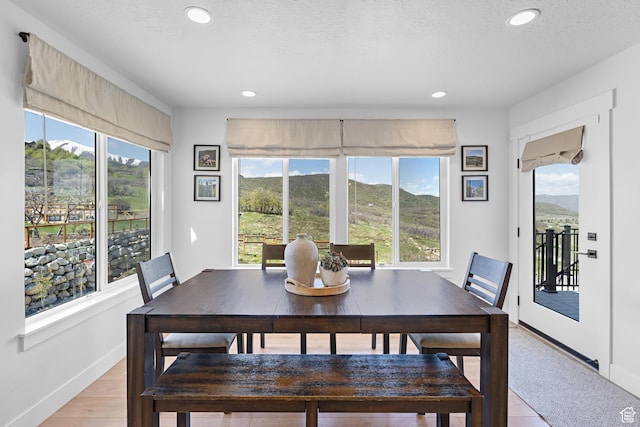86 Elk Ridge Dr W, Elk Ridge, UT 84651 - dining area with recessed lighting, light wood-type flooring, baseboards, and a mountain view