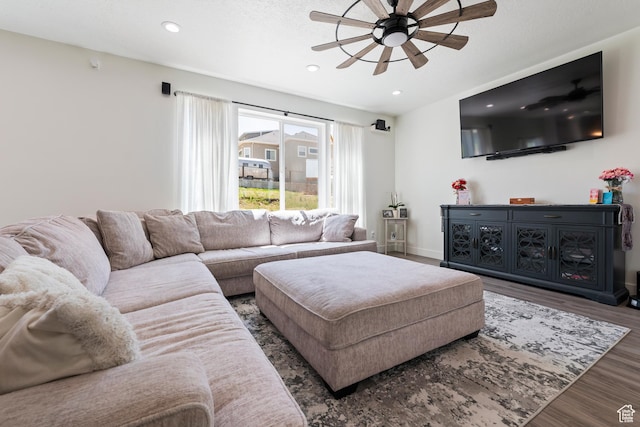 285 W Olympic Ln, Elk Ridge, UT 84651 - living area with recessed lighting, wood finished floors, baseboards, and ceiling fan