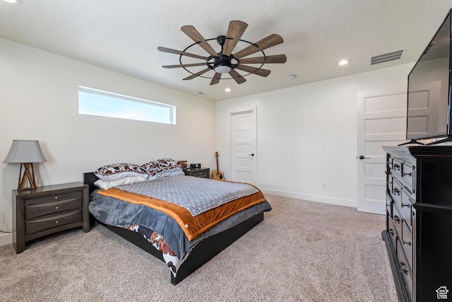 285 W Olympic Ln, Elk Ridge, UT 84651 - bedroom with light carpet, visible vents, recessed lighting, baseboards, and a ceiling fan
