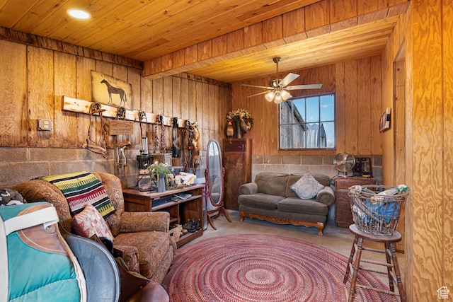 5186 W 9970 S, Payson, UT 84651 - living room featuring wood walls, wood ceiling, a ceiling fan, and carpet