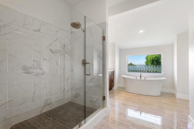 5186 W 9970 S, Payson, UT 84651 - full bath with a marble finish shower, a freestanding tub, and baseboards