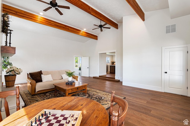 5186 W 9970 S, Payson, UT 84651 - living area featuring a ceiling fan, beam ceiling, wood finished floors, baseboards, and recessed lighting