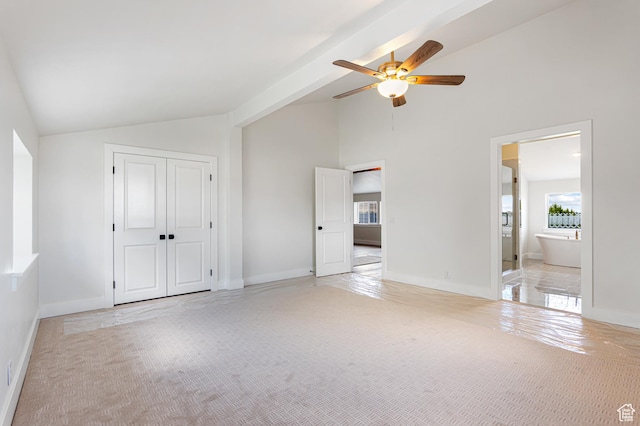 5186 W 9970 S, Payson, UT 84651 - unfurnished bedroom with light carpet, a closet, high vaulted ceiling, a ceiling fan, and ensuite bathroom