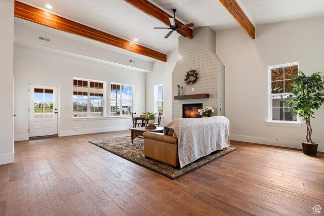 5186 W 9970 S, Payson, UT 84651 - living area with ceiling fan, baseboards, a large fireplace, hardwood / wood-style floors, and recessed lighting