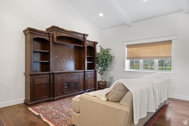 bedroom with dark wood finished floors, recessed lighting, baseboards, vaulted ceiling with beams, and wood ceiling