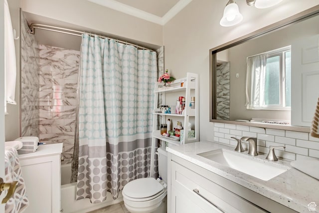 572 S Main St, Kaysville, UT 84037 - full bathroom featuring toilet, backsplash, shower / bath combo with shower curtain, vanity, and ornamental molding