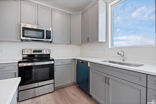 kitchen with stainless steel appliances, light countertops, gray cabinets, a sink, and light wood-style flooring