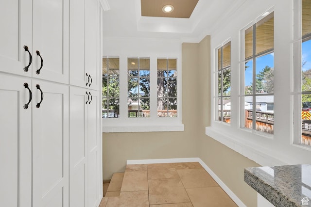 1248 26th St, Ogden, UT 84401 - mudroom featuring a tray ceiling, baseboards, recessed lighting, crown molding, and light tile patterned floors