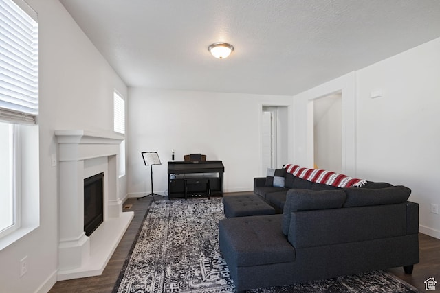 2414 N 4060 W, Lehi, UT 84043 - living room featuring baseboards, dark wood-style floors, and a fireplace with raised hearth