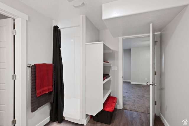 2414 N 4060 W, Lehi, UT 84043 - bathroom featuring baseboards, a shower with shower curtain, and wood finished floors