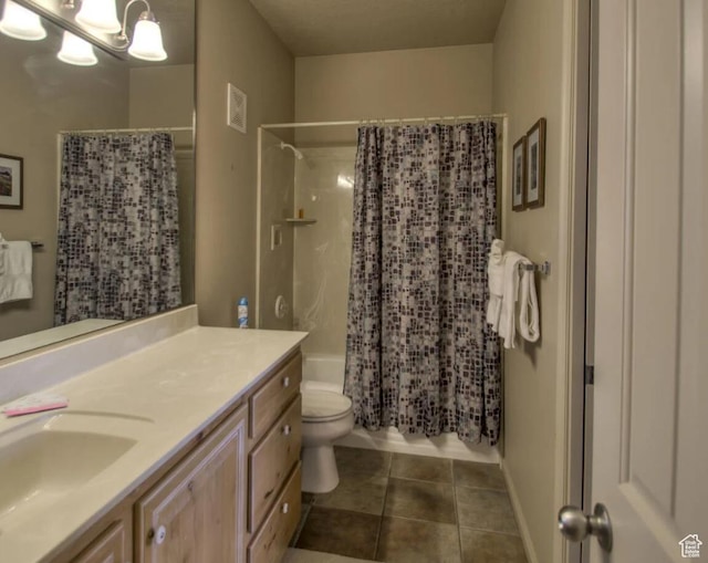 bathroom with tile patterned floors, toilet, visible vents, shower / tub combo, and vanity