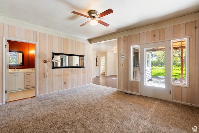 382 N 400 E, Logan, UT 84321 - interior space with wood walls, visible vents, carpet, and ceiling fan