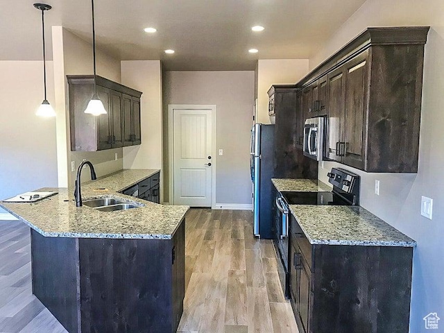 232 W 200 S, Ivins, UT 84738 - kitchen featuring a peninsula, a sink, dark brown cabinetry, light stone countertops, and appliances with stainless steel finishes