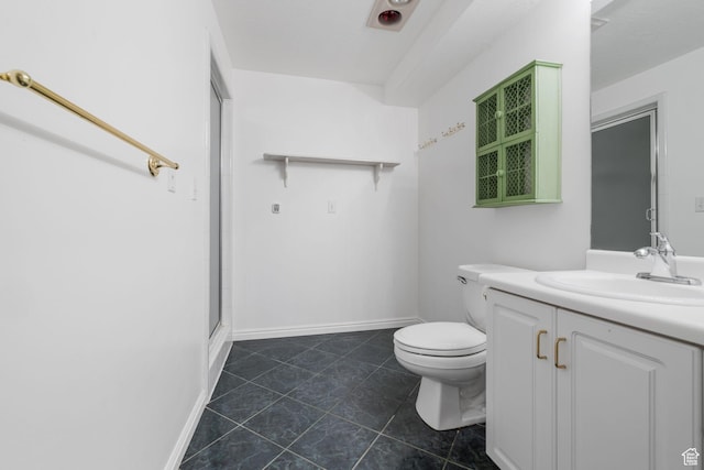 full bath with tile patterned floors, an enclosed shower, toilet, vanity, and baseboards