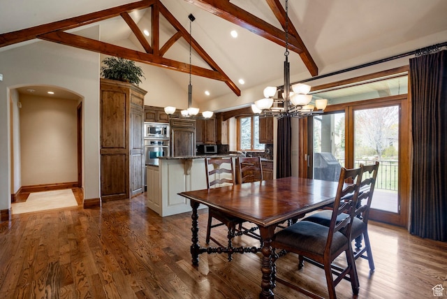 3143 E Bavarian Ct, Cottonwood Heights, UT 84093 - dining room featuring dark wood-style floors, beam ceiling, arched walkways, an inviting chandelier, and high vaulted ceiling