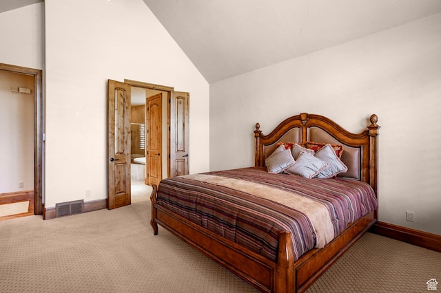 3143 E Bavarian Ct, Cottonwood Heights, UT 84093 - bedroom with light colored carpet, baseboards, visible vents, and high vaulted ceiling