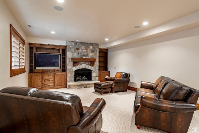 3143 E Bavarian Ct, Cottonwood Heights, UT 84093 - carpeted living area with a stone fireplace and recessed lighting