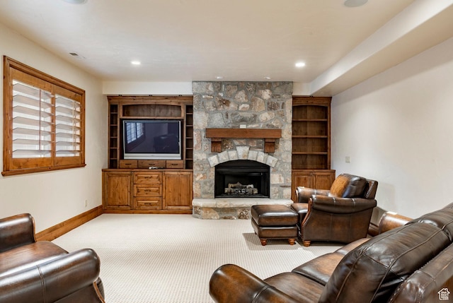 3143 E Bavarian Ct, Cottonwood Heights, UT 84093 - living area featuring recessed lighting, baseboards, a stone fireplace, and carpet