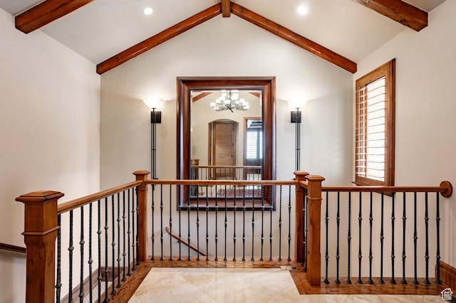 3143 E Bavarian Ct, Cottonwood Heights, UT 84093 - corridor featuring vaulted ceiling with beams, a chandelier, recessed lighting, and an upstairs landing