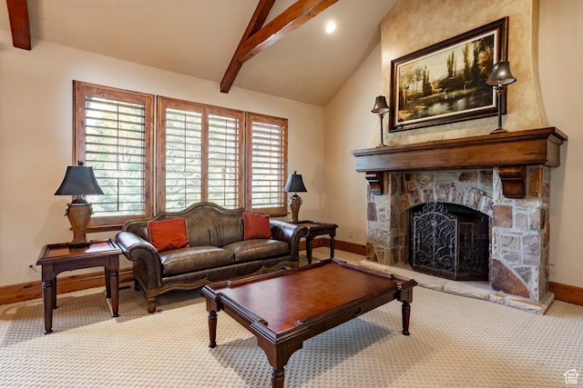 3143 E Bavarian Ct, Cottonwood Heights, UT 84093 - living area with lofted ceiling with beams, baseboards, carpet, recessed lighting, and a stone fireplace