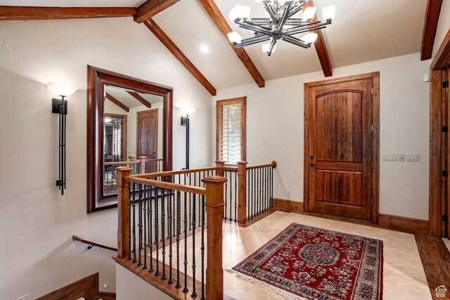 3143 E Bavarian Ct, Cottonwood Heights, UT 84093 - entryway featuring baseboards, a chandelier, and vaulted ceiling with beams