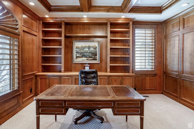 3143 E Bavarian Ct, Cottonwood Heights, UT 84093 - office space with light colored carpet, coffered ceiling, ornamental molding, and built in shelves