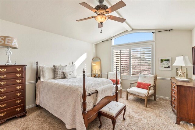 2010 E Rocklin Dr, Sandy, UT 84092 - bedroom with lofted ceiling with beams, a ceiling fan, baseboards, and light colored carpet