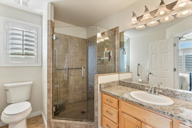 2010 E Rocklin Dr, Sandy, UT 84092 - bathroom with a shower stall, visible vents, toilet, and vanity
