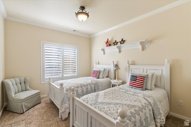2010 E Rocklin Dr, Sandy, UT 84092 - bedroom with baseboards, visible vents, light colored carpet, and ornamental molding