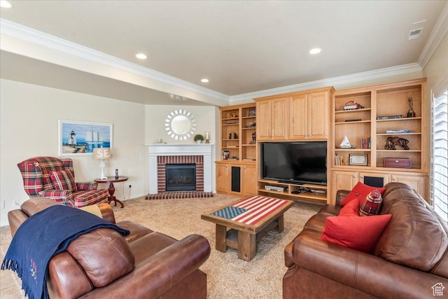 2010 E Rocklin Dr, Sandy, UT 84092 - living room featuring crown molding, carpet, baseboards, visible vents, and recessed lighting