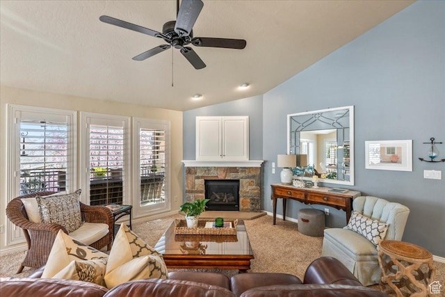 2010 E Rocklin Dr, Sandy, UT 84092 - carpeted living area with vaulted ceiling, a ceiling fan, baseboards, and plenty of natural light