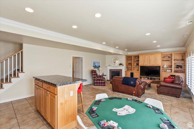 2010 E Rocklin Dr, Sandy, UT 84092 - playroom with a brick fireplace, light tile patterned flooring, recessed lighting, and crown molding