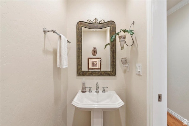 2010 E Rocklin Dr, Sandy, UT 84092 - bathroom featuring baseboards, a sink, and crown molding