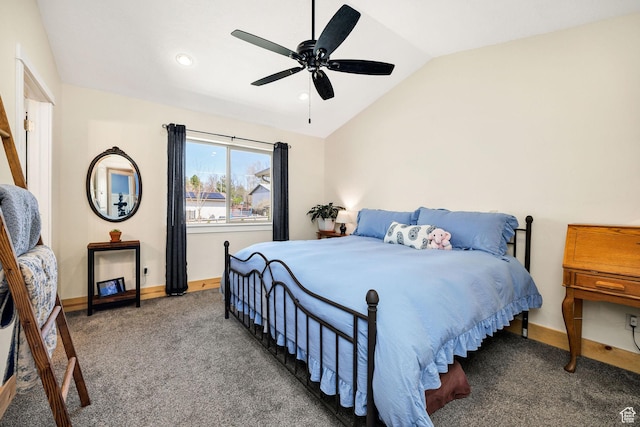 carpeted bedroom featuring vaulted ceiling, baseboards, recessed lighting, and a ceiling fan