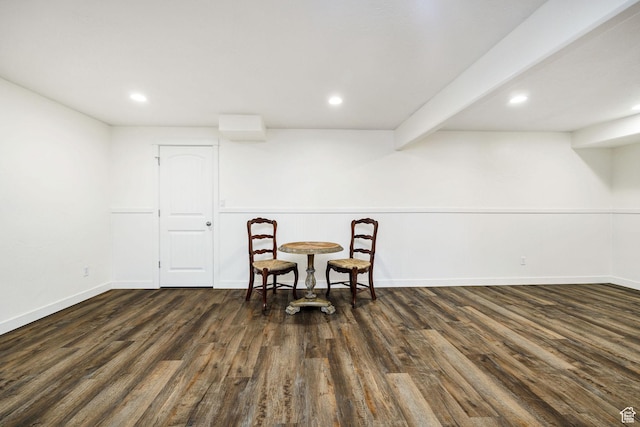 sitting room featuring recessed lighting, baseboards, and dark wood-style flooring