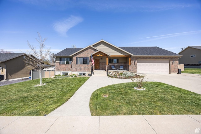 ranch-style house with a front lawn, an attached garage, driveway, covered porch, and brick siding