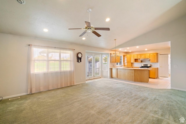 618 W 225 S, Layton, UT 84041 - unfurnished living room featuring ceiling fan with notable chandelier, light carpet, baseboards, and recessed lighting