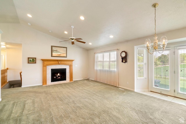 618 W 225 S, Layton, UT 84041 - unfurnished living room with vaulted ceiling, ceiling fan with notable chandelier, carpet floors, a premium fireplace, and recessed lighting