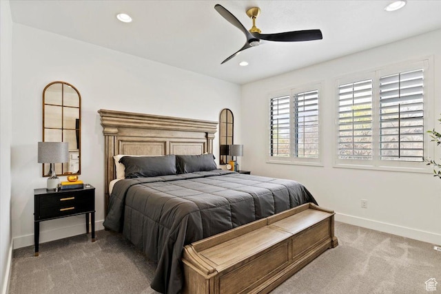 bedroom featuring recessed lighting, carpet flooring, baseboards, and ceiling fan