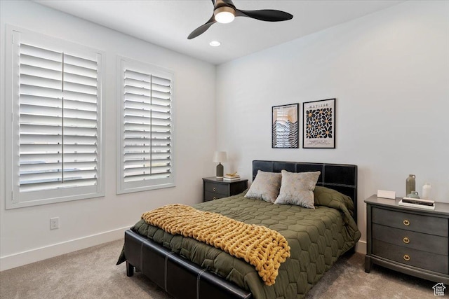 bedroom with ceiling fan, baseboards, carpet flooring, and recessed lighting