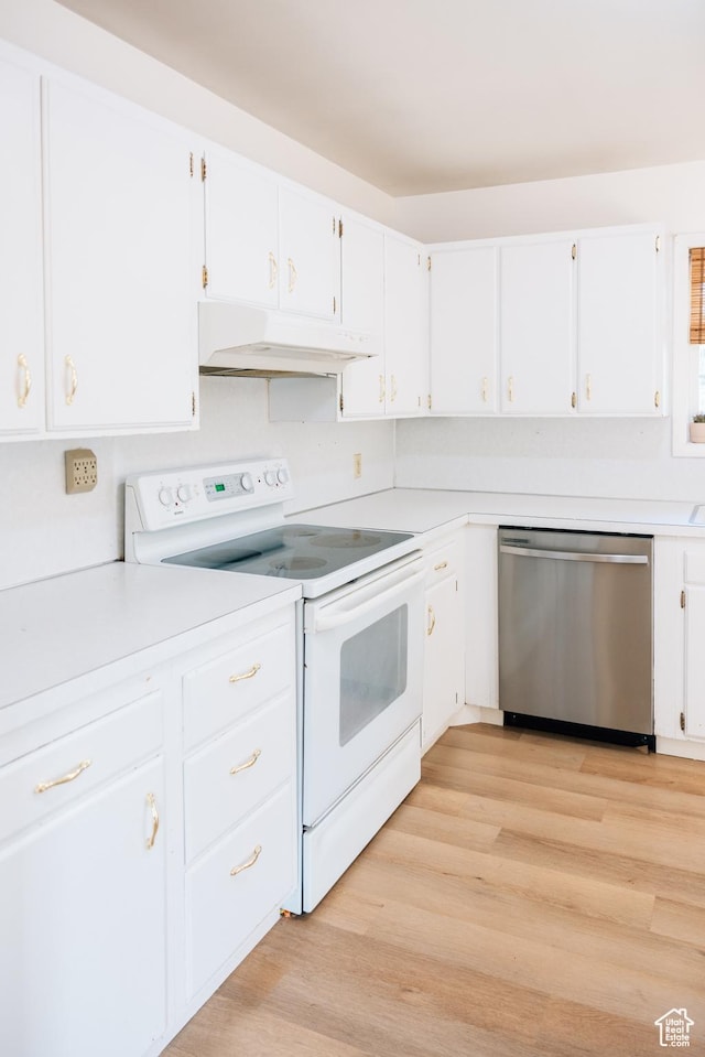 109 S 2nd W, Grace, ID 83241 - kitchen featuring white electric stove, white cabinets, dishwasher, light countertops, and under cabinet range hood