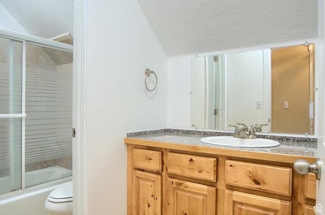 1896 N Main St, Orem, UT 84057 - full bathroom with vanity, toilet, a textured ceiling, enclosed tub / shower combo, and vaulted ceiling
