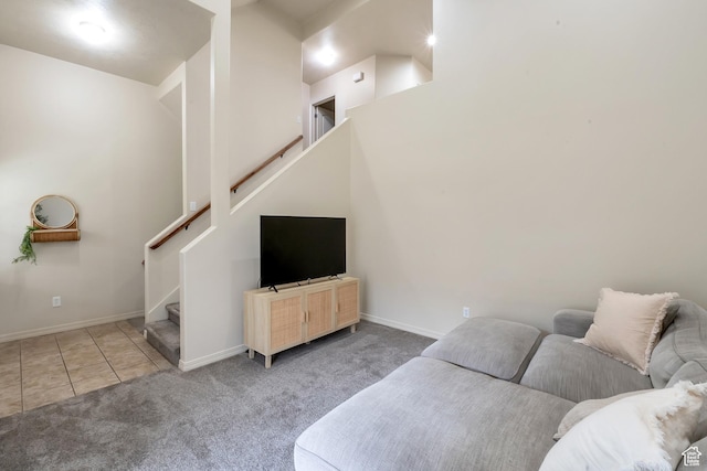 577 E 1590 S, Lehi, UT 84043 - carpeted living room featuring tile patterned floors, baseboards, and stairs