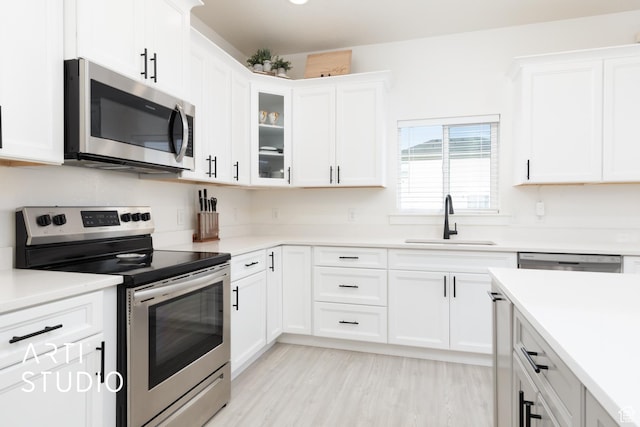 kitchen featuring a sink, glass insert cabinets, stainless steel appliances, light countertops, and white cabinets