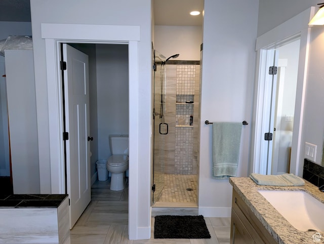 627 W Olympic Ln, Elk Ridge, UT 84651 - full bathroom featuring recessed lighting, toilet, vanity, baseboards, and a stall shower